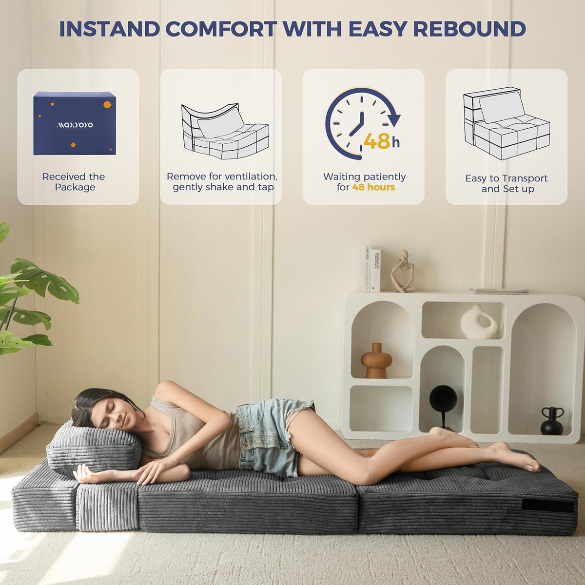 MAXYOYO Opvouwbare schuim slaapbank, drievoudig opvouwbaar matras met 1 kussen, omvormbare slaapbank, futonbed met 15 cm dun schuim, draagbare 3-in-1 vloerbank
