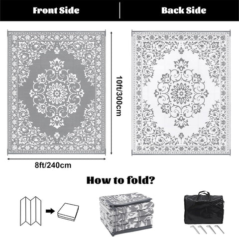 Buiten Vloerkleed - Buitenkleden - Buitentapijt - Opvouwbaar - UV-bestendig - Waterdicht - Omkeerbaar - Buitenmatten - voor Buiten - Balkon - Strand - Picknick -Terras - Rechthoekig - 240 x 300 cm - Grijs