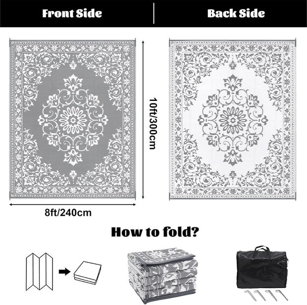 Buiten Vloerkleed - Buitenkleden - Buitentapijt - Opvouwbaar - UV-bestendig - Waterdicht - Omkeerbaar - Buitenmatten - voor Buiten - Balkon - Strand - Picknick -Terras - Rechthoekig - 240 x 300 cm - Grijs