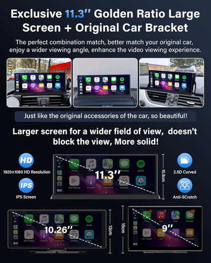 11,3 Inch Carplay Android Auto Display – Touchscreen Navigatie Scherm – Draadloze Carplay – 4K Dashcam – Draaibare 350° Camera – Dubbele Bluetooth – Inclusief 64GB TF Kaart