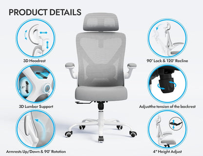 Bureaustoel – Ergonomische Bureaustoel – Gamestoel – Computerstoel – Office Chair – Verstelbare Lendensteun – 3D Hoofdsteun – Max. 150 kg – Grijs Mesh