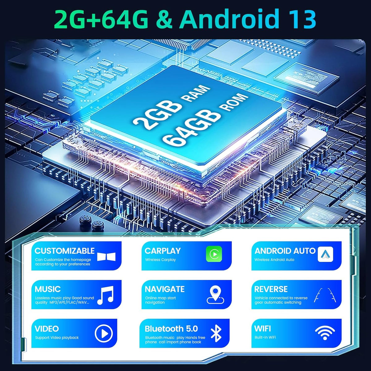 [2+64G]Android 13 Car Stereo for Peugeot 207 2006-2015 with Wireless Carplay & Android Car, 9 Inch Touch Screen Car Radio with WiFi GPS Mirror Link DSP FM/RDS Radio SWC+ AHD Rear View Camera