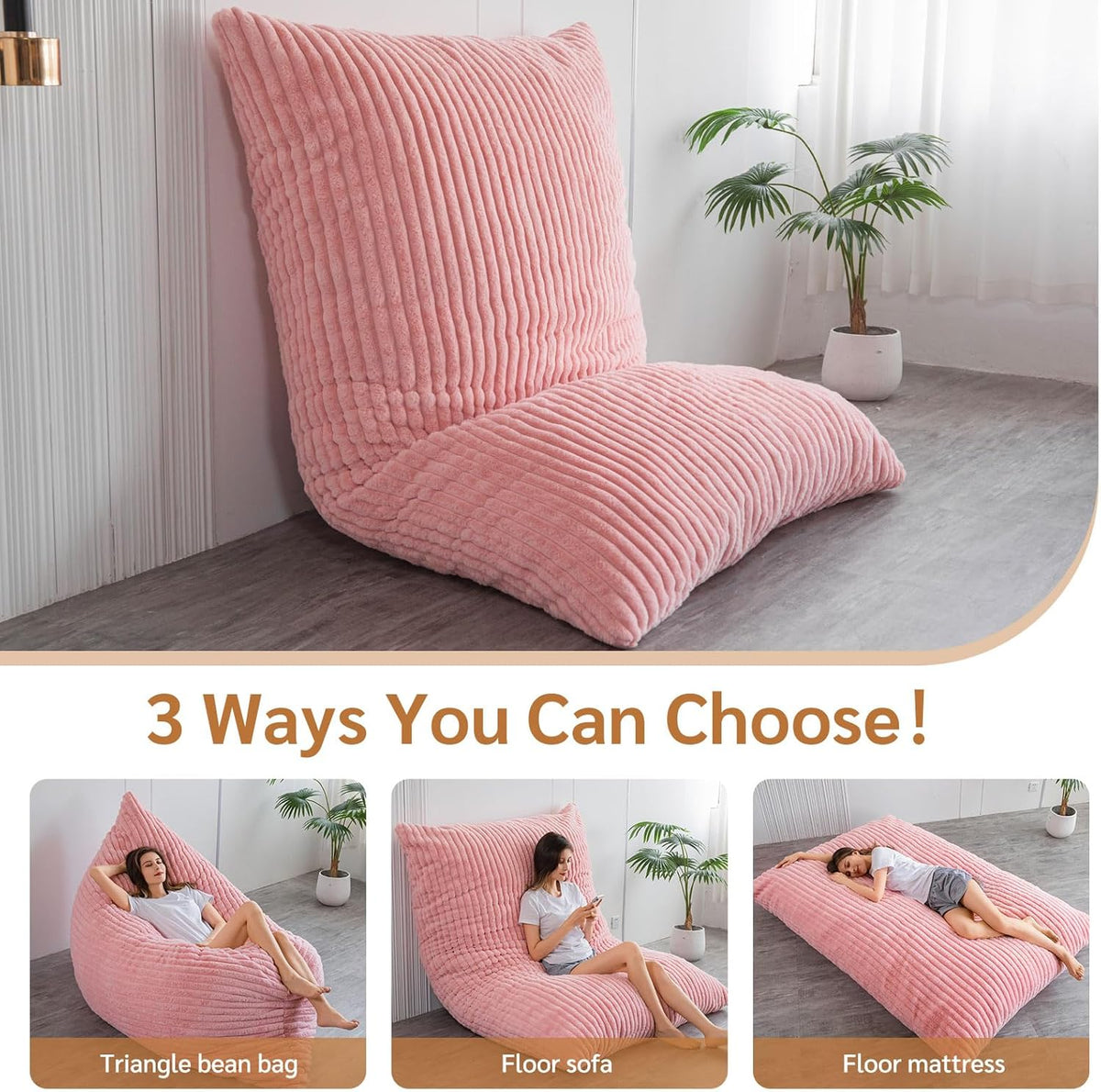 MAXYOYO Huge Bean Bag Bed, Square Bean Bag Chair, Large Faux Fur Sofa and Fluffy Filling for Adults Couples Guests (Corduroy Pink, 135x190cm)