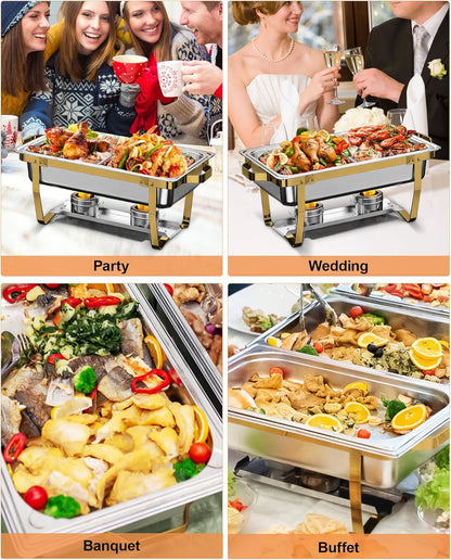 Chafing Dish Buffet Set 9L [Elegant Goud en Zilver], 4-Pack Gouden Chafing Dishes voor Buffet [Afgeronde Rand Design], RVS Voedselwarmer voor Catering Buffet en Alle Feesten