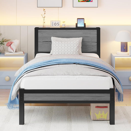 DUMEE Eenpersoonsbedframe met opslag houten hoofdeinde, 3FT metalen bedframe eenpersoonsbedbasis/matrasstichting, verbeterde ondersteuning geluidsvrij, getextureerd zwart+grijs eiken