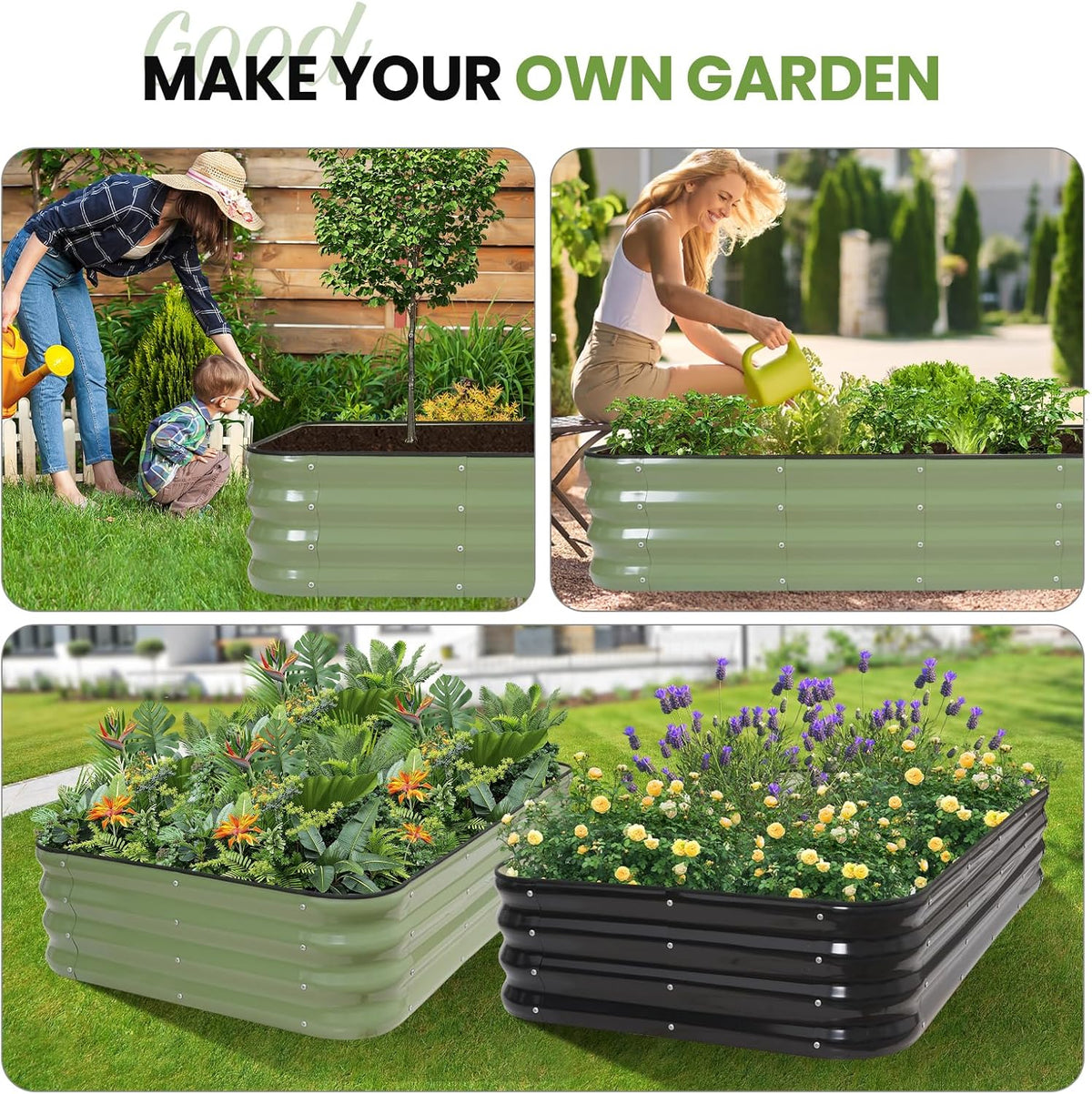 Verhoogde tuinbedset | 4-in-1 verstelbaarGegalvaniseerde plantenbakken voor groenten, bloemen | 30,5 cm hoog, meerdere maten (5x3x0,3 ft, 4x4x0,1 ft, 6x2x0,1 ft, 7x0,1 x 0,3 ft) | Metalen verhoogd