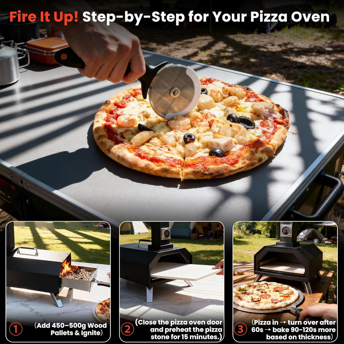 Draagbare opvouwbare 11 inch houtpellets pizzaoven, buitengebruik met ingebouwde thermometer en vierkante pizzasteen, geweldig voor kamperen, achtertuin, terras, tuin en feesten
