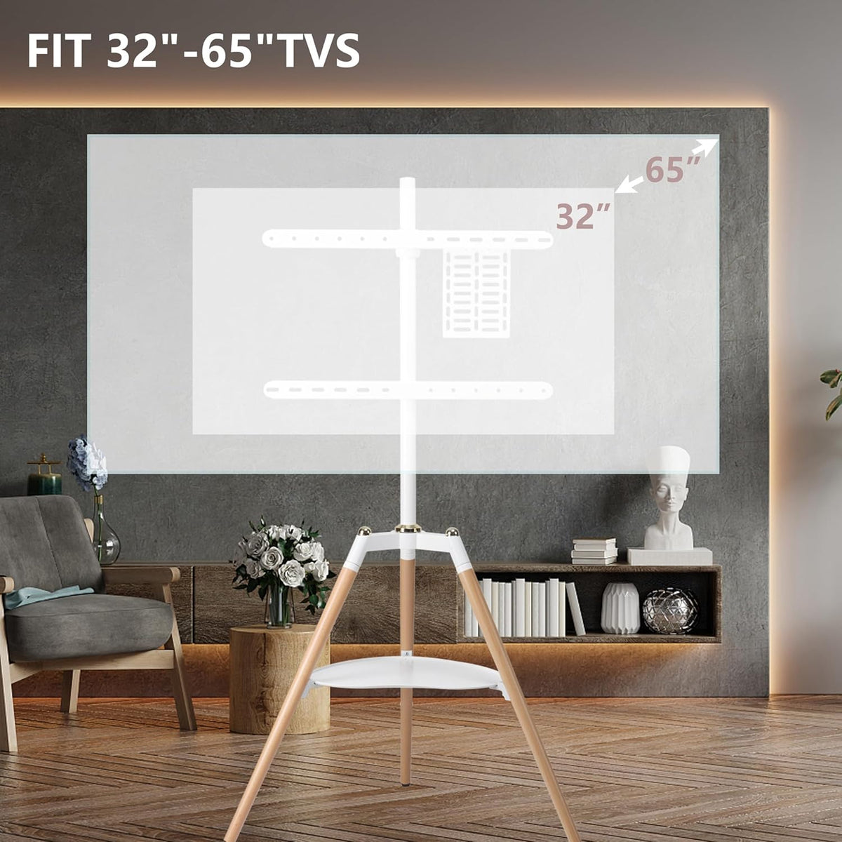 ETHU Tripod TV-standaard houten tv-schildersezel voor 32-65 inch televisie, in hoogte verstelbare tv-vloerstandaard met media-plank voor led/lcd-schermen, tv-standaard met 140° zwenkfunctie, VESA, 600
