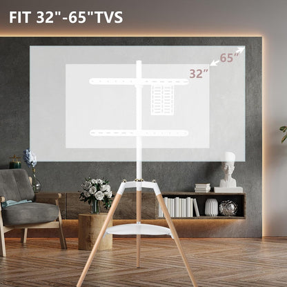 ETHU Tripod TV-standaard houten tv-schildersezel voor 32-65 inch televisie, in hoogte verstelbare tv-vloerstandaard met media-plank voor led/lcd-schermen, tv-standaard met 140° zwenkfunctie, VESA, 600