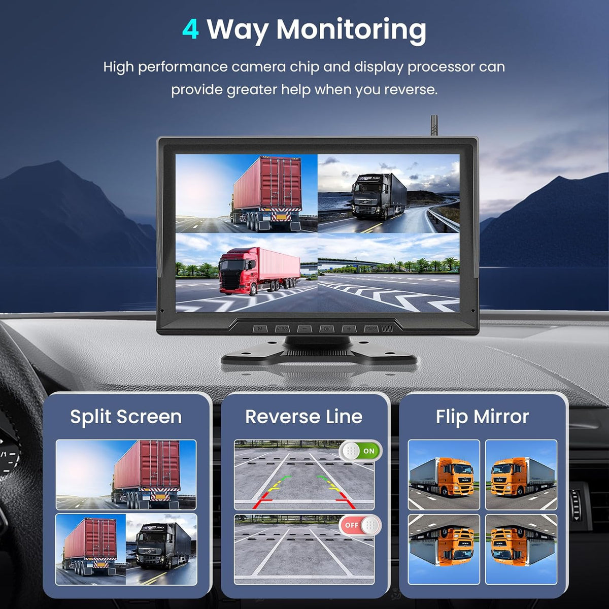 Hodozzy Draadloze digitale achteruitrijcamera, 4 camera's kit 10,1 inch IPS-scherm gesplitst scherm met opname nachtzicht achtercamera auto vrachtwagen/aanhangwagen/camper