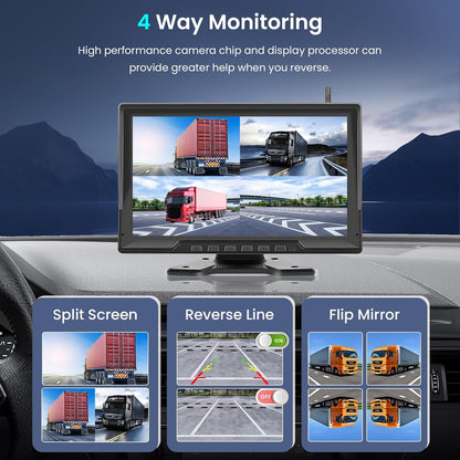 Hodozzy Draadloze digitale achteruitrijcamera, 4 camera's kit 10,1 inch IPS-scherm gesplitst scherm met opname nachtzicht achtercamera auto vrachtwagen/aanhangwagen/camper