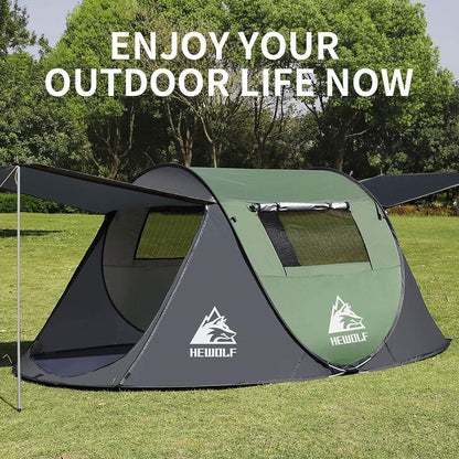HEWOLF Pop-up tent voor 2-4 personen, campingtent met voortent, automatisch, ultralichte familietent, secondentent, zonwering, cabana-tent voor outdoor, camping, festival, groot legergroen
