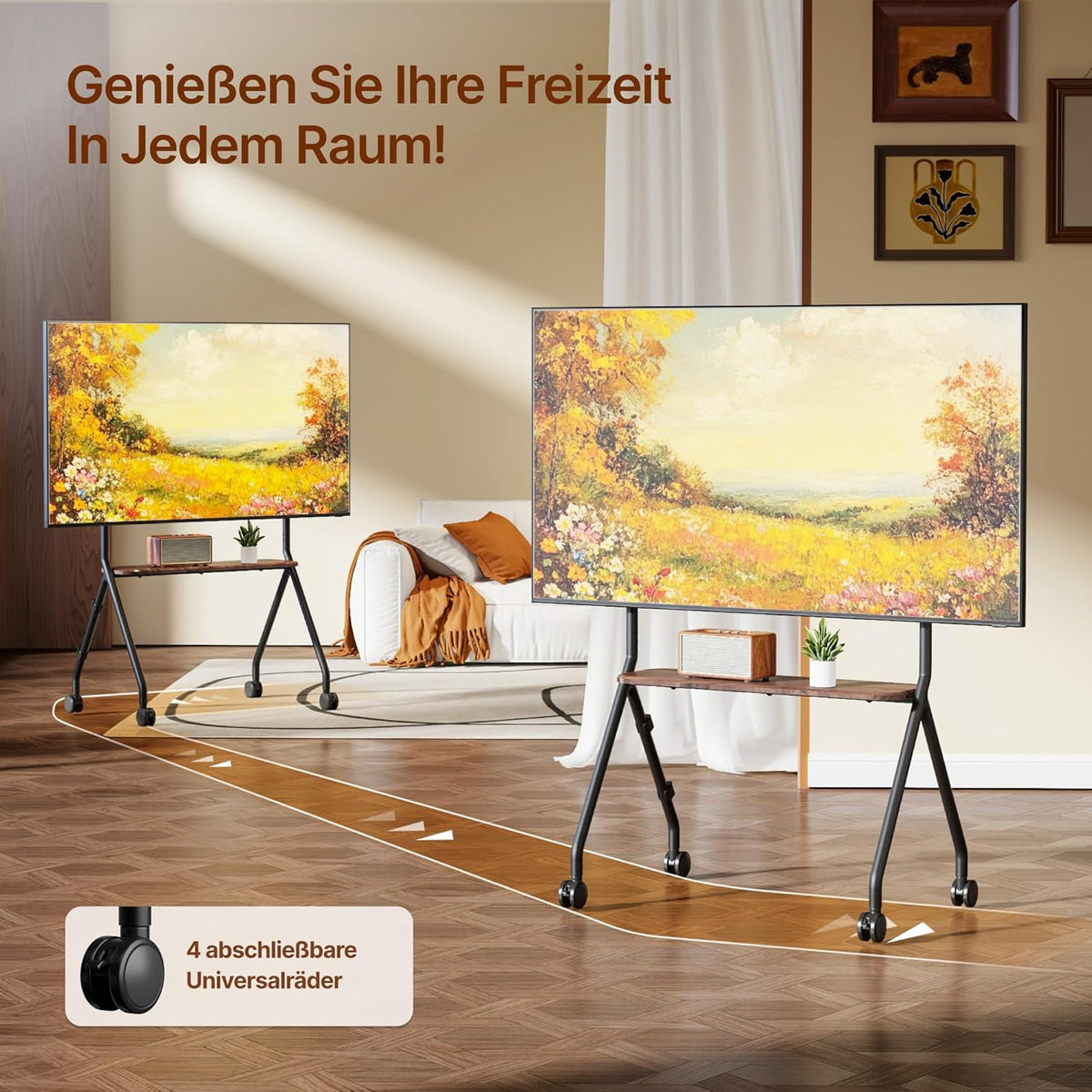 Tv-standaard oprolbaar voor 49-80 inch televisie, 50 kg draagkracht, portret- en landschapsformaat, stabiele mobiele tv-wagen met plank, max. VESA 600x400mm (zwart)