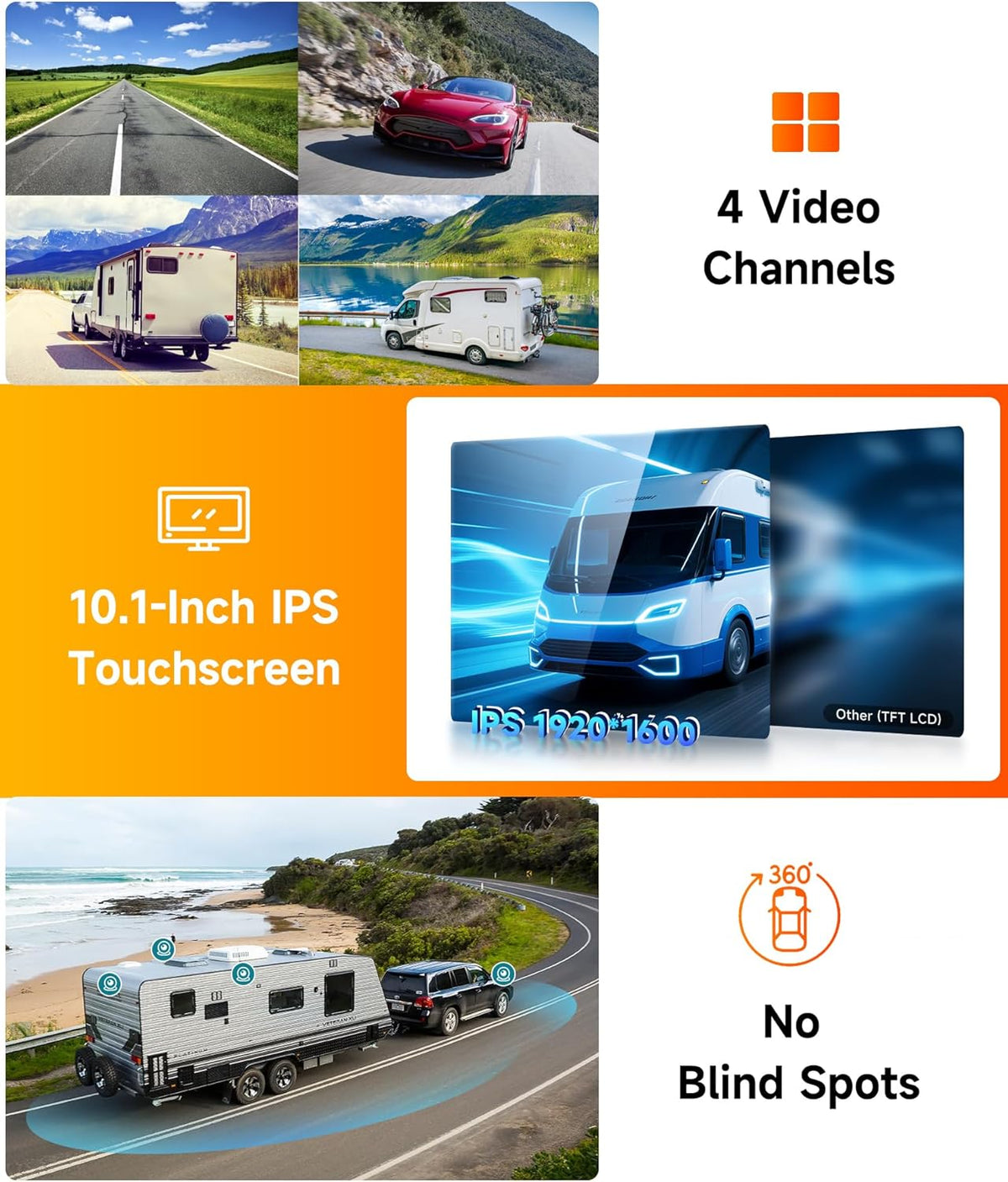 4 x achteruitrijcamera met 10,1 inch IPS-monitor, BSD-systeem, 4-voudig beeldscherm, 4K DVR-loop-opname, 1080p AHD achteruitrijcamera, auto, nachtzicht, IP68 waterdicht, voor SUV, vrachtwagen