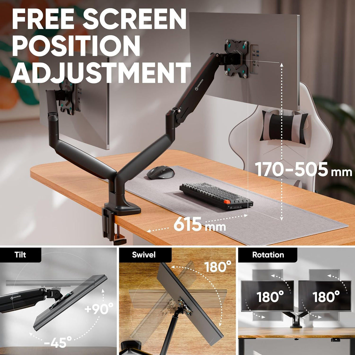 Dubbele monitorhouder Zwart – Monitorarm – Monitorbeugel – Beeldschermhouder – Monitor tafelhouder – Voor 2 schermen 13-32 inch, tot 9 kg per arm – VESA 75x75 & 100x100, Kantelbaar, Zwenkbaar en Draaibaar