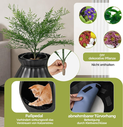 FANTASK Kattenbak, 50 x 50 x 59 cm, kattenbak met elektronisch geurverwijderingssysteem, bloempotstijl met kunstplant en kiezelstenen, zwarte kattenbak