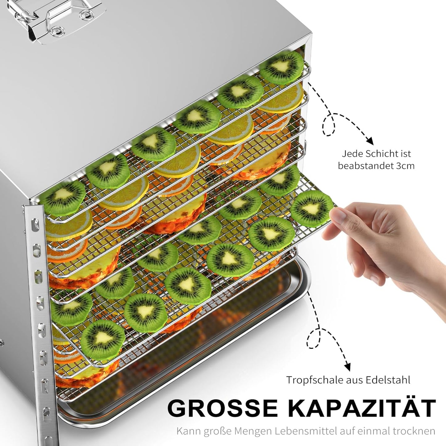 Lecon Voedseldroger van roestvrij staal, dehydrator, 30-90 °C, 24-uurs timer, dehydrator voor levensmiddelen, vlees, vruchten, groentedroger, fruitdroger, droogmachine met schort, verzegelde tank (8