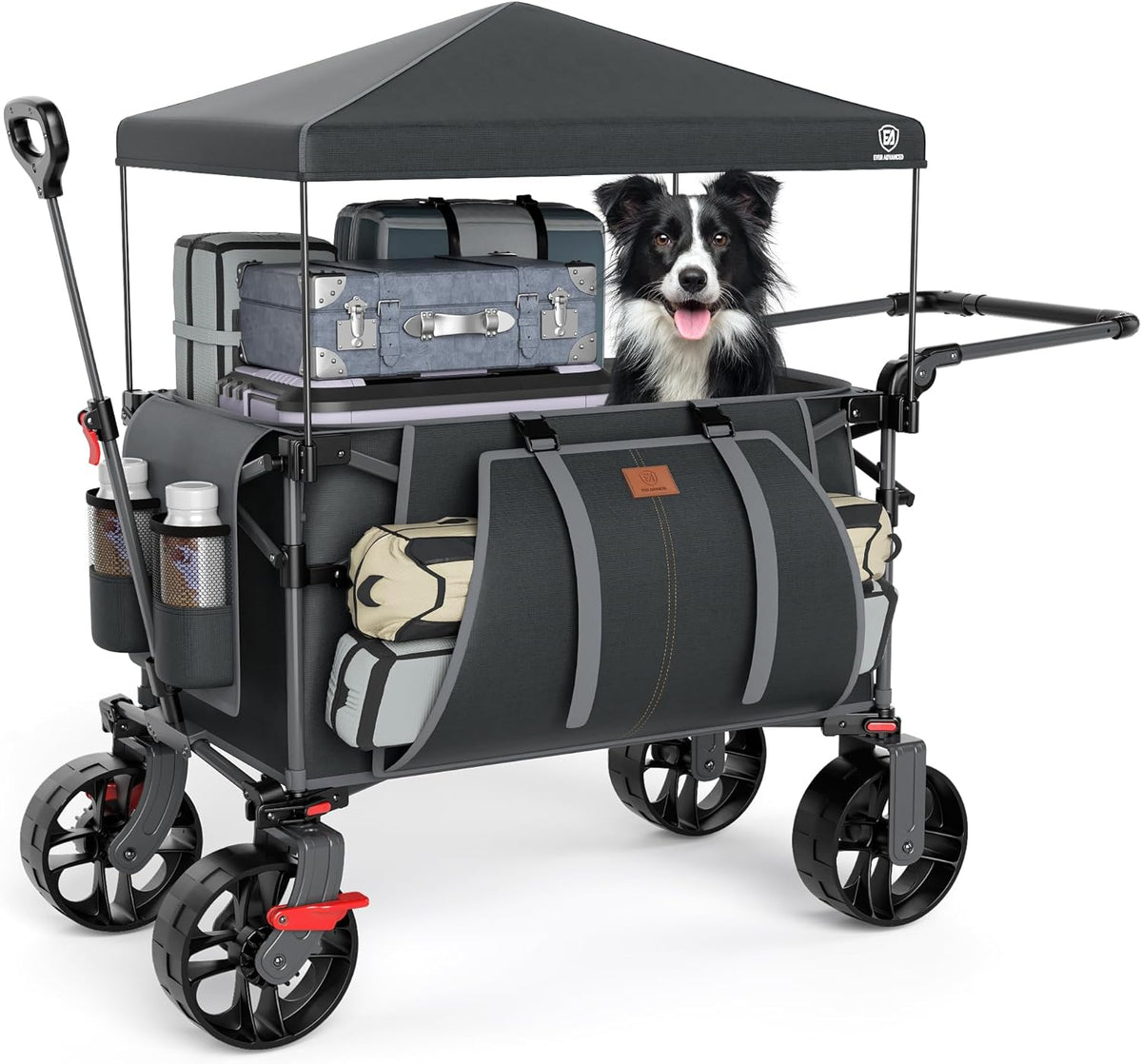 EVER ADVANCED XXL bolderkar, opvouwbaar, 225 l tot 150 kg, met rem, dak, handwagen, schuiven en trekken, inklapbaar, strandwagen, 20 x 8 cm brede wielen, vouwwagen voor camping, strand, winkelen en