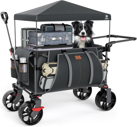 EVER ADVANCED XXL bolderkar, opvouwbaar, 225 l tot 150 kg, met rem, dak, handwagen, schuiven en trekken, inklapbaar, strandwagen, 20 x 8 cm brede wielen, vouwwagen voor camping, strand, winkelen en