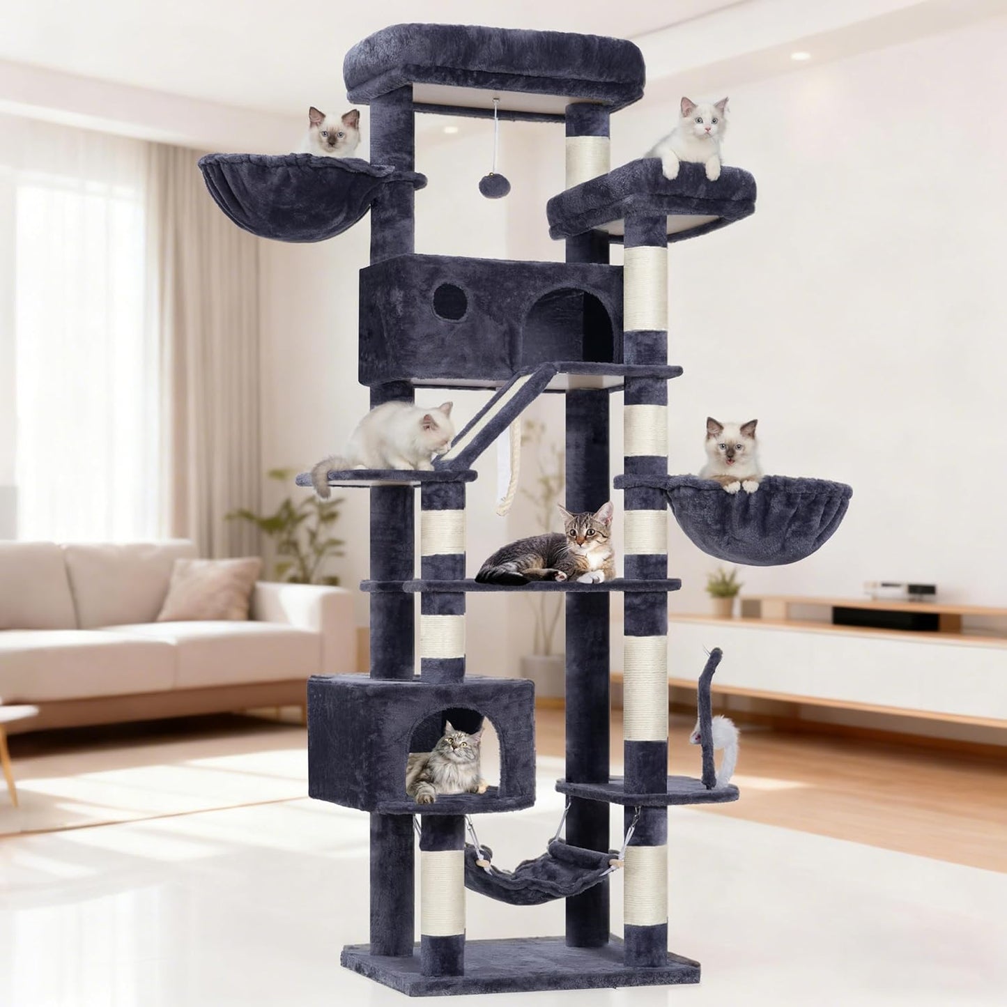 Krabpaal groot, kattenboom, grote katten, stabiel voor binnen, 200 cm, kattenkrabpaal met ruime platforms, kattenholen, hangmat, sisalzuilen, rookgrijs GCT031G