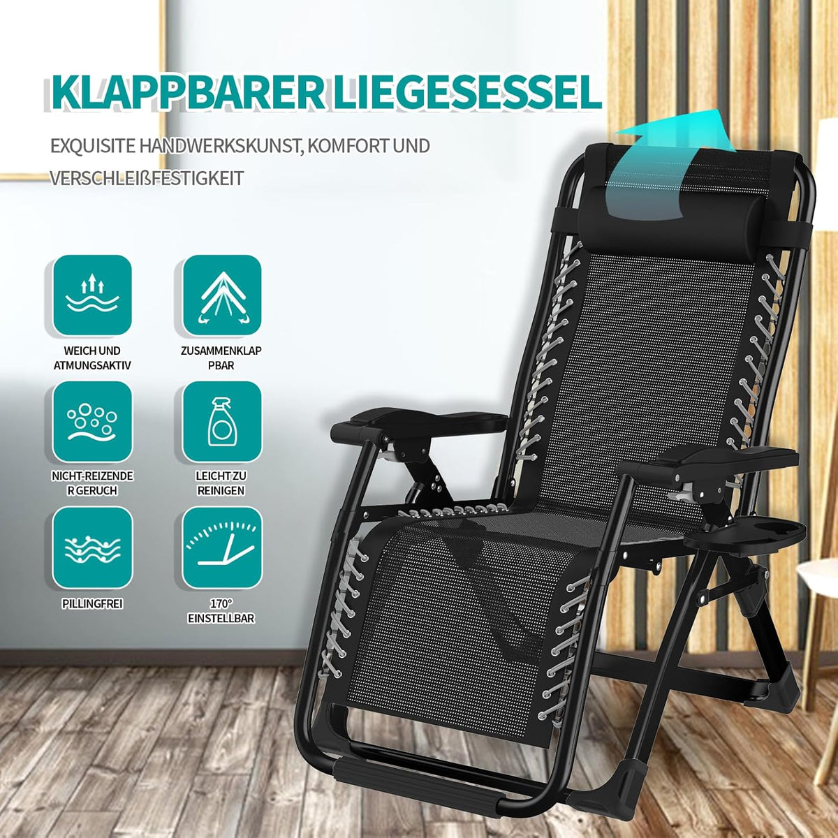 Ligstoel inklapbaar zonnebed met afdekking, ligstoel voor lunchpauze, belastbaar, 240 kg, verstelbaar, rugleuning tuinstoel, ergonomisch en ademend
