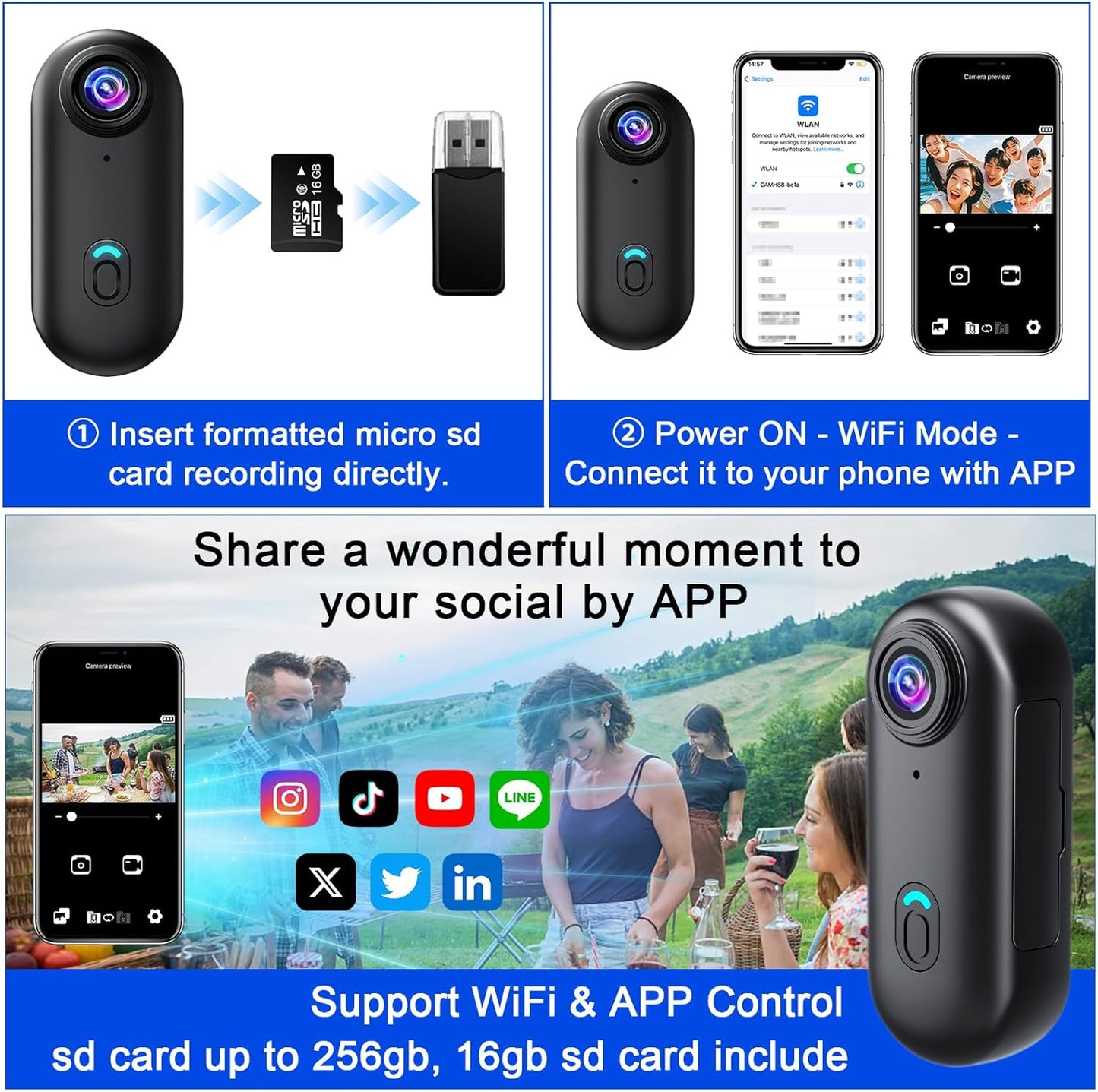 Actiecamera, wifi, 4K, waterdichte mini-actiecamera, mini-lichaamscamera, 120° motorhelmcamera met magnetische en meerdere houders, inclusief 16 GB SD-kaart