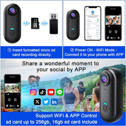 Actiecamera, wifi, 4K, waterdichte mini-actiecamera, mini-lichaamscamera, 120° motorhelmcamera met magnetische en meerdere houders, inclusief 16 GB SD-kaart