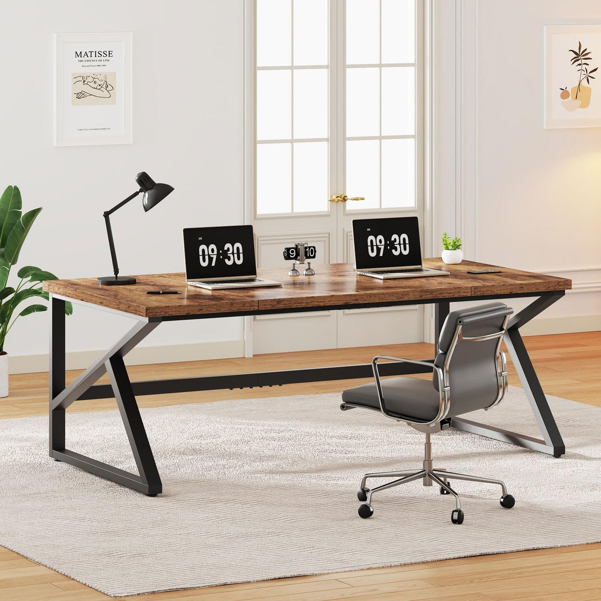 IBF Bureau in bruin-bruine kleur met een lengte van 70 inch, industrieel groot dubbel bureau van metaal en hout voor computer, lange bureautafel voor thuis 180 cm