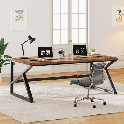 IBF Bureau in bruin-bruine kleur met een lengte van 70 inch, industrieel groot dubbel bureau van metaal en hout voor computer, lange bureautafel voor thuis 180 cm