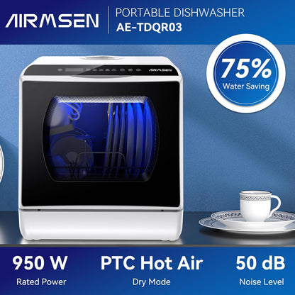 AIRMSEN Mini Tabletop Dishwasher - Improved 6 Programs Portable Countertop Dishwasher No Piping with 2 Water Supply Modes for Kitchen Apartment Outdoor - with Baby Care Mode
