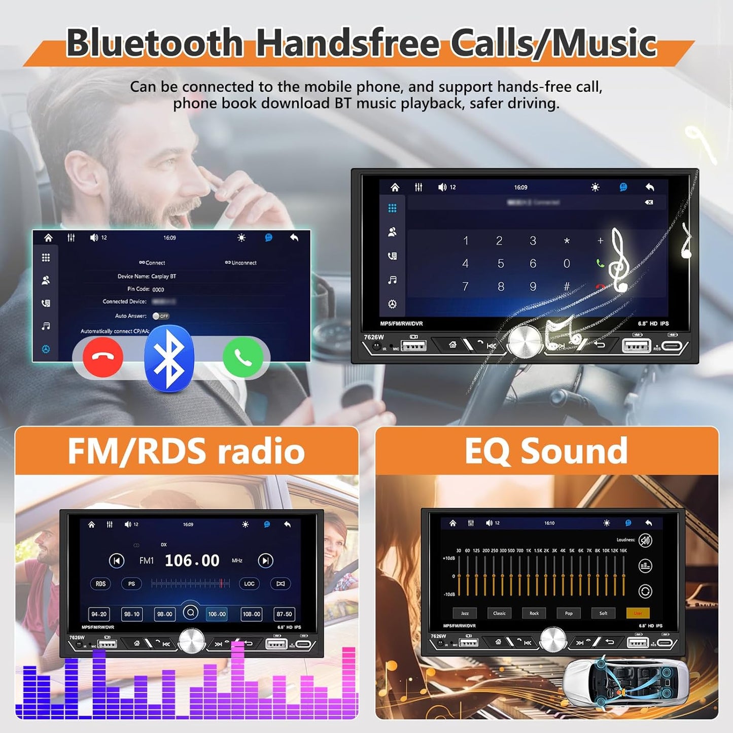 Carplay 2 Din autoradio, 6,8 inch HD touchscreen, bedraad, Android Auto Stereo MP5-speler, ondersteuning Bluetooth/MirrorLink/FM/USB2.0/AUX/opladen/afstandsbediening + achteruitrijcamera