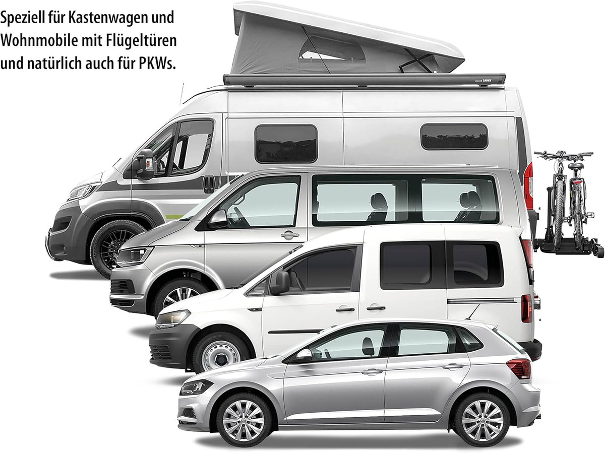 Fietsdrager Busje – Fietsendrager Trekhaak – E-bike Drager Camper – Achterdrager Vleugeldeuren – Draagvermogen 60 kg – Uitschuifbare Rails 85 cm Open