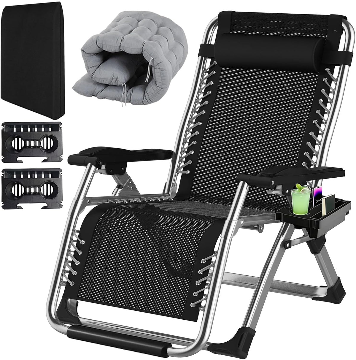 Fiutazge 83 cm, ultrabreed, zonnebed, inklapbaar, met kussen, bekerhouder en hoofdkussen, tuinligstoel met verstelbare rugleuning, ademend, voor zwembad, tuin, terras, grijs