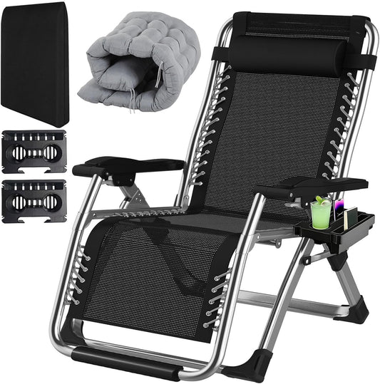 Fiutazge 83 cm, ultrabreed, zonnebed, inklapbaar, met kussen, bekerhouder en hoofdkussen, tuinligstoel met verstelbare rugleuning, ademend, voor zwembad, tuin, terras, grijs