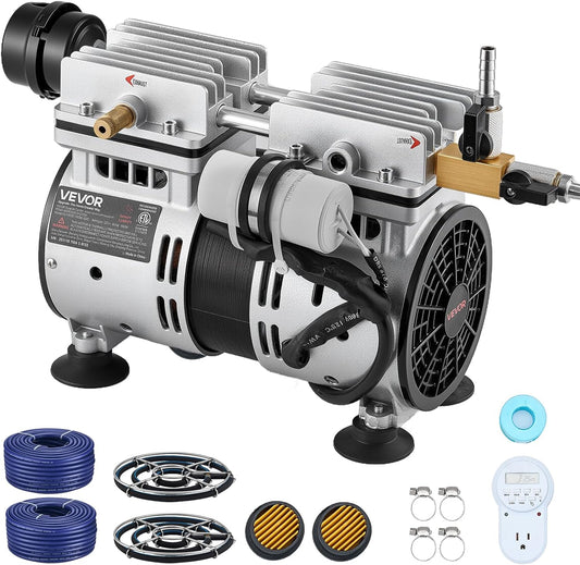 VEVOR Vijverbeluchter 590 W ventilatiesysteem meer 1,2 hectare luchtpomp vijver buiten voor diepe waterzuurstofcirculatie, met luchtcompressor, 2 diffusers, 2 verzwaarde slangen 30,5 m