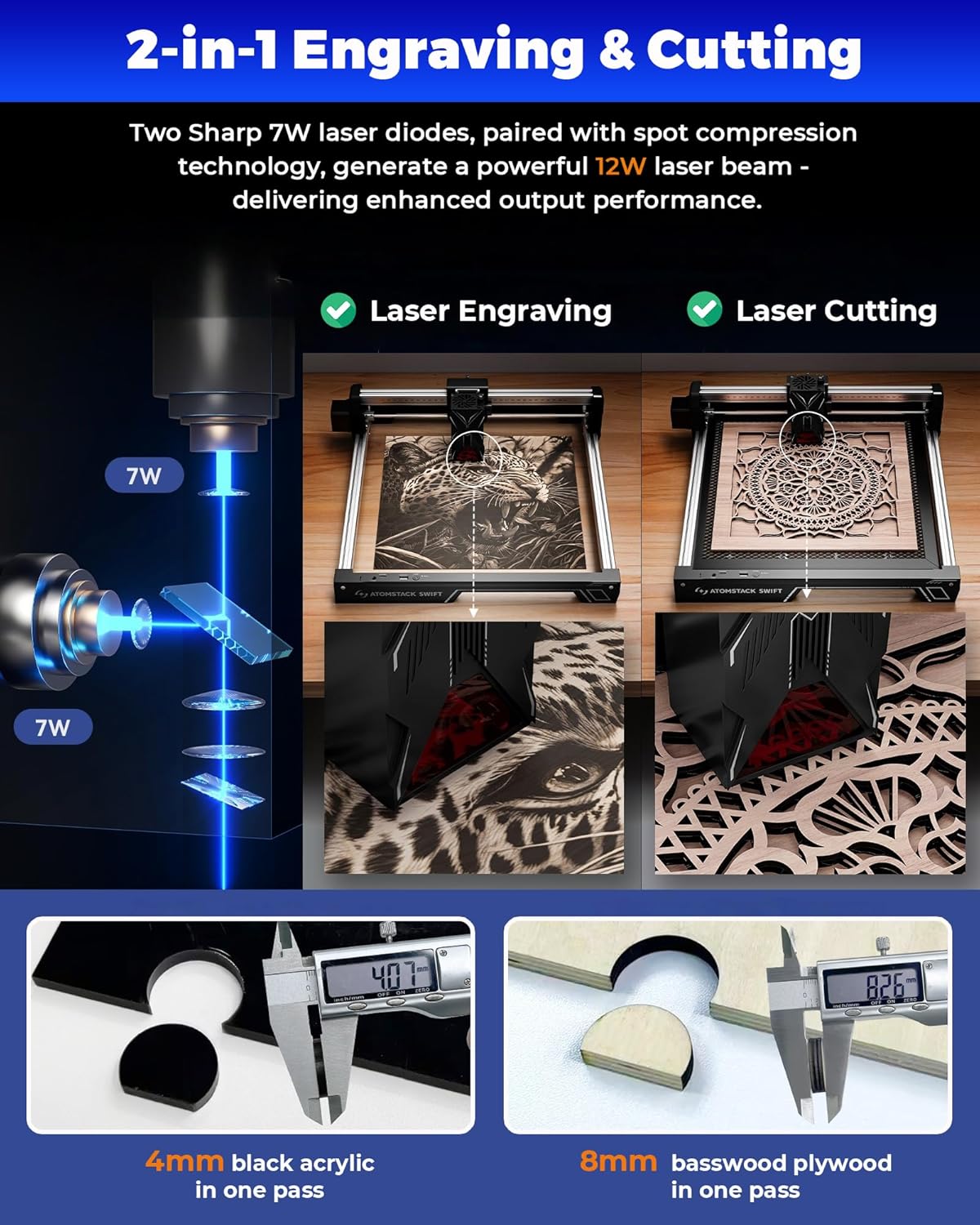 Lasergraveerder ATOMSTACK Swift voor Beginners, 12000mW Lasersnijder, 300×300mm Werkgebied, Hoog Nauwkeurige Lasergraveermachine voor Hout, Leer, Gecoate Metaal en Acryl (Swift 12W)