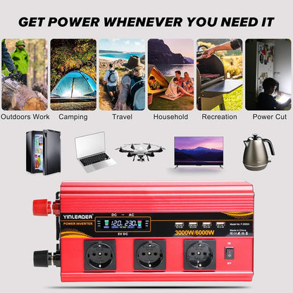 Spanningsomvormer – Omvormer – Inverter – Stroomomvormer – Spanningsconverter – 12V Naar 230V AC – 3000W Nominaal, 6000W Piekvermogen Met 4 USB-Poorten En 3 AC-Stopcontacten