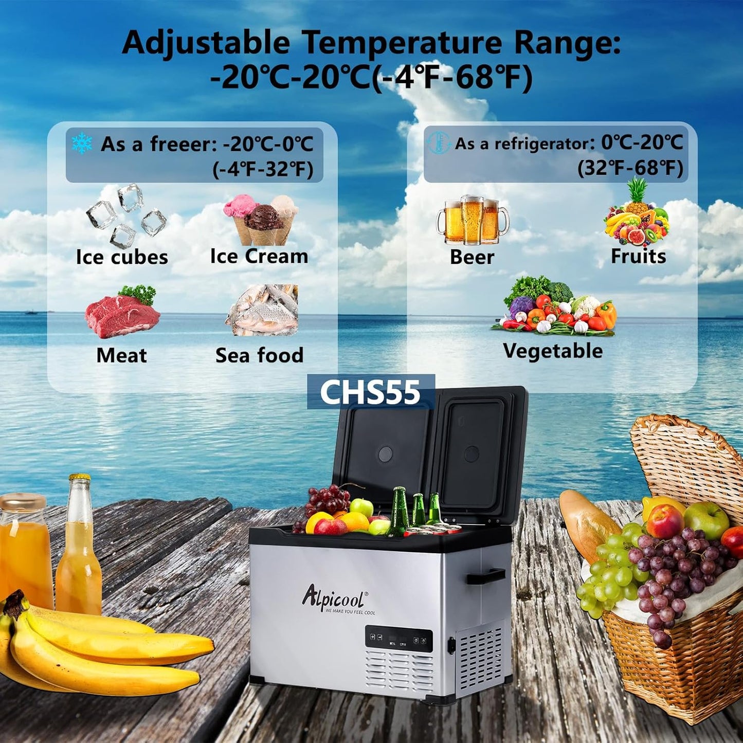 Alpicool CHS55 40L elektrische compressor Koelbox/vriesbox, Mini koelkast 12/24 V en 230 V, Autokoelkast voor auto, vrachtwagen, Dubbele temperatuurregeling