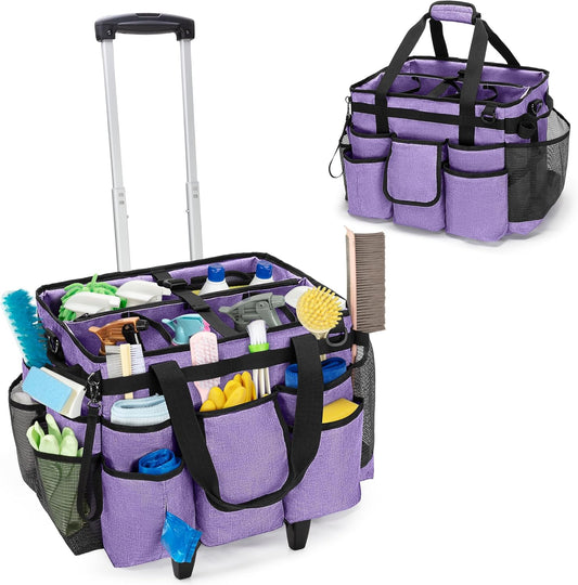 LoDrid Rolling Cleaning Caddy met afneembare trolley, draagbare schoonmaakwagen op wielen voor schoonmaakbenodigdheden met schouderriem voor huishoudsters, paars