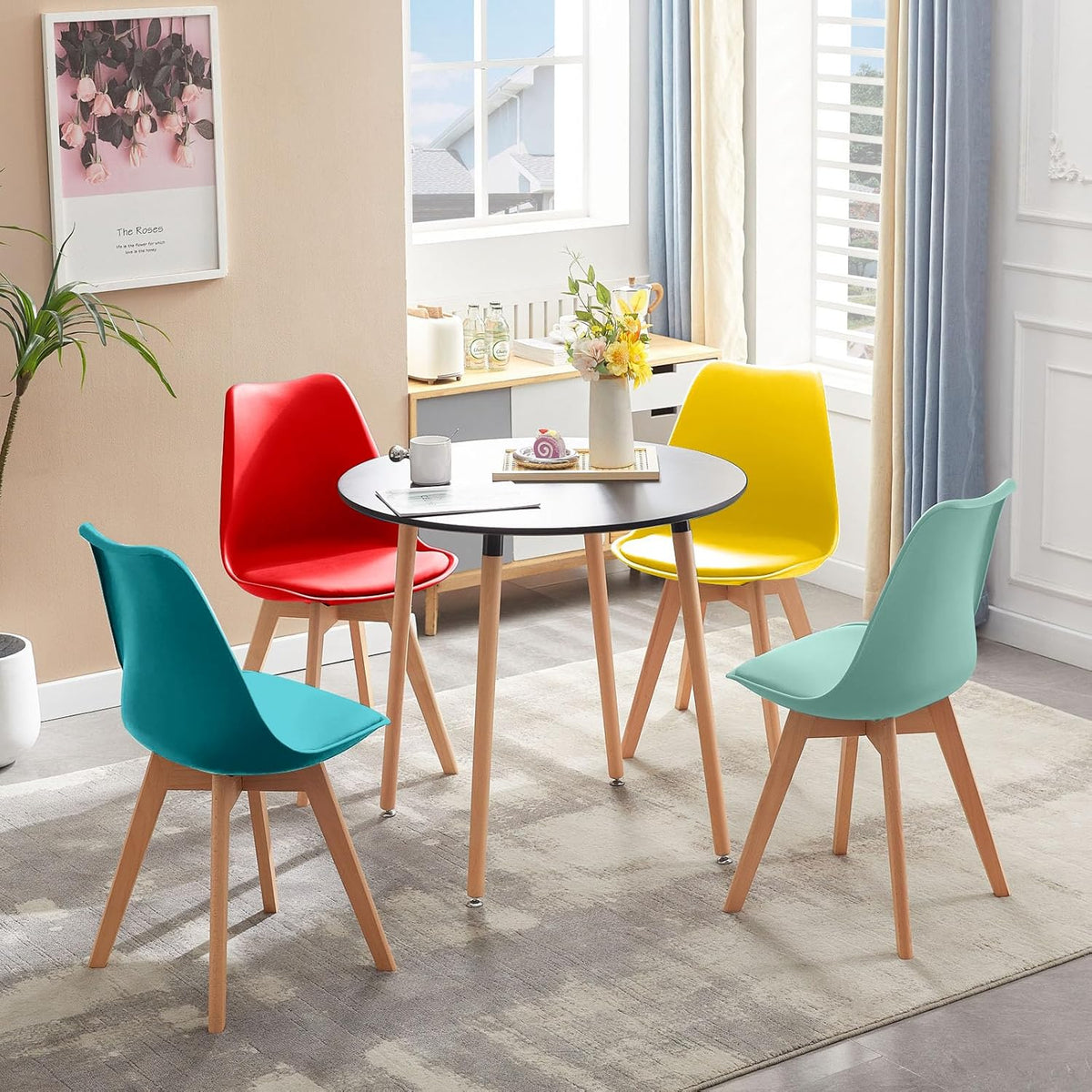 EGGREE 4er Set Esszimmerstühle Gewerbstoel met massief hout Beek Been SGS Gecontroleerd Scandinavisch Design Gepolsterde stoel Keukenstoel Hout, Gel + Rood + Mintgroen + Türkis