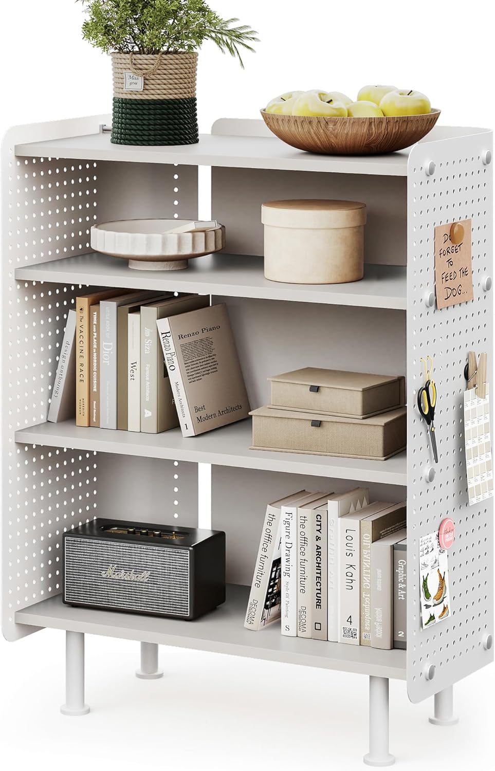 Fenge Boekenplank 4 lagen moderne displayrek plank met Pegboard, kleine boekenkast met verstelbare planken voor woonkamer, slaapkamer, thuiskantoor, 61,6 × 31,2 × 85,3 cm, Wit