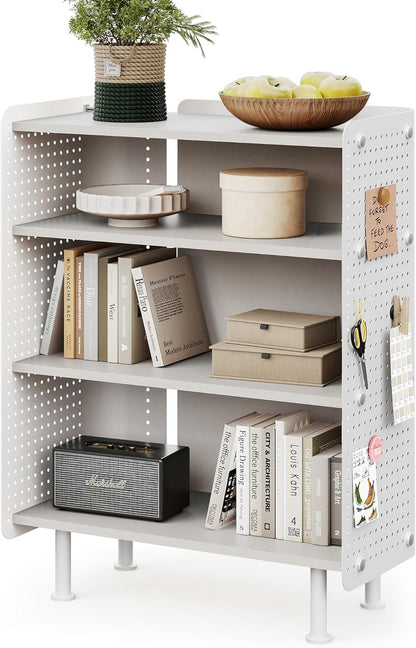 Fenge Boekenplank 4 lagen moderne displayrek plank met Pegboard, kleine boekenkast met verstelbare planken voor woonkamer, slaapkamer, thuiskantoor, 61,6 × 31,2 × 85,3 cm, Wit