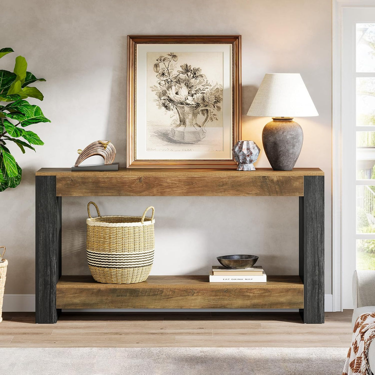 Tribesigns Console Table 160 cm Long for Entrance, Bench Behind the Sofa for Living Room, Hallway, Entrance, Foyer Rustic, Brown and Black