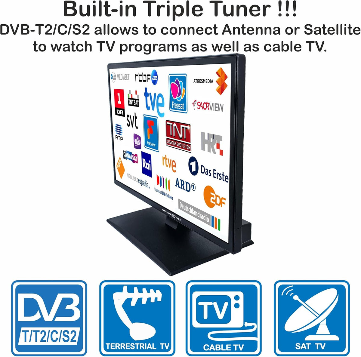 Unispectra® 22“ Smart TV (webOS) FHD 230V 24V Triple Tuner: Sat, Antenne, Kabel TV, 3xHDMI, 2xUSB, Magic Remote. 12V TV voor campers, caravans, vrachtwagens, bestelwagens, boten, thuis