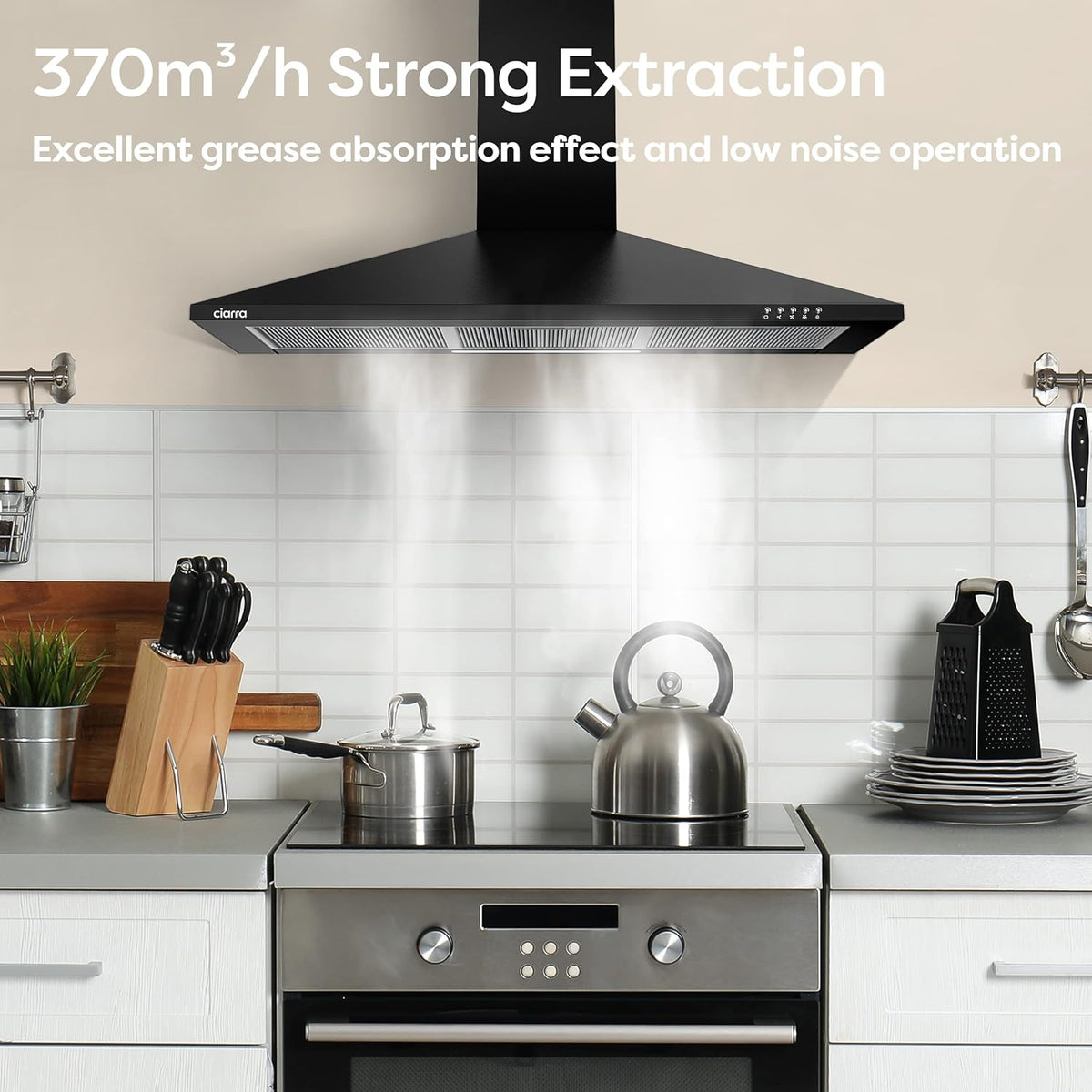 Afzuigkap – Wandafzuigkap, Schouwafzuigkap, Wandkap, Keukenafzuigkap – 90 Cm RVS Wandmodel – A++, 370 M³/U, 3 Standen, Koolstoffilter