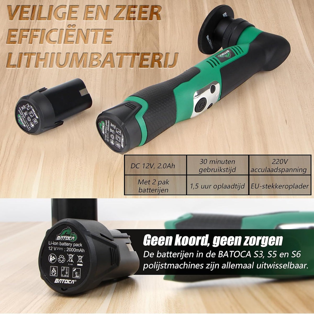 BATOCA S5 Snoerloze Auto Polijstmachine Mini Polijstmachine met 2 12V 2.0Ah Batterijen Roterende & Orbitale Auto Polijstmachine 25mm/50mm/75mm Polijstpads 6 Snelheden 2000-5500RPM voor Auto Detailing