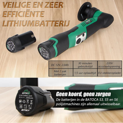 BATOCA S5 Snoerloze Auto Polijstmachine Mini Polijstmachine met 2 12V 2.0Ah Batterijen Roterende & Orbitale Auto Polijstmachine 25mm/50mm/75mm Polijstpads 6 Snelheden 2000-5500RPM voor Auto Detailing