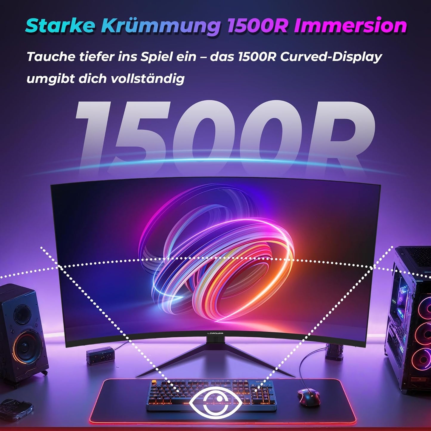 LC-Power LC-M27FC Gaming Monitor 27 inch Curvo, FHD 1920x1080, 180 Hz, 1ms MPRT, VA Panel Ultra Rapid, 123,1% sRGB, HDR, AMD FreeSync, hellingshoek verstelbaar, HDMI 2.0/DP1.4, VESA 100x100