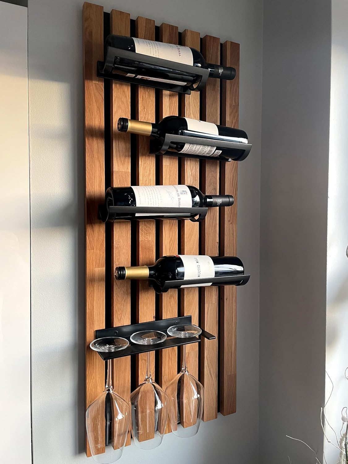 FLEXISTYLE Wine Racks Wood Bottle Holder Black Wall Wall Mounted Kitchen Metal Wood 40cm Wide Large (98x40 4 Bottles & Glasses) - QUORE