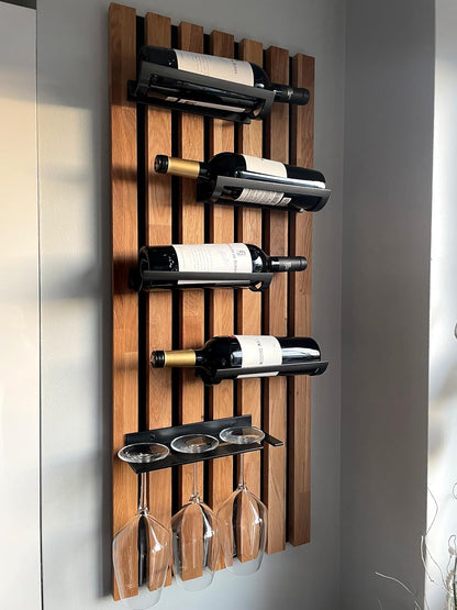 FLEXISTYLE Wine Racks Wood Bottle Holder Black Wall Wall Mounted Kitchen Metal Wood 40cm Wide Large (98x40 4 Bottles & Glasses) - QUORE